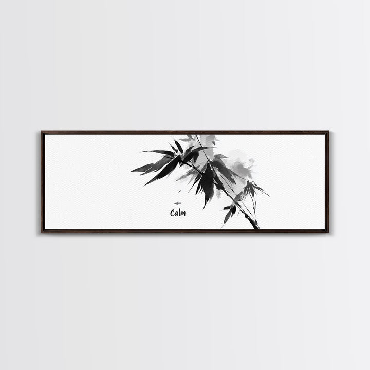 Black Ink Bamboo Calm Wall Art, Minimalist Japanese Zen Brush Painting, Black And White Decor, Peaceful Meditation Canvas Print