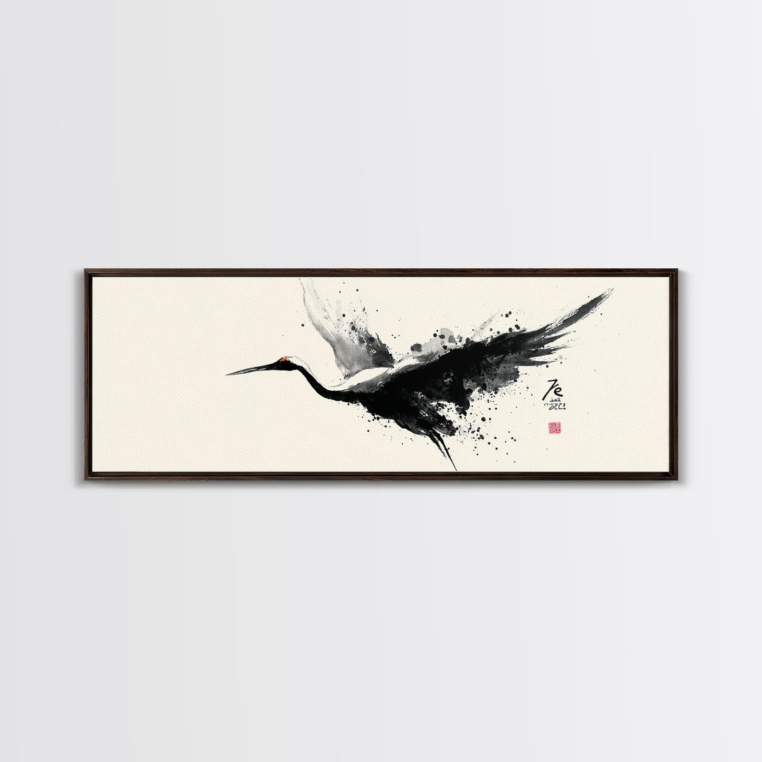Black Ink Crane Wall Art, Japanese Brush Canvas Print, Minimalist Bird Art, Black And White Art, Zen Wall Decor, Asian Inspired Art