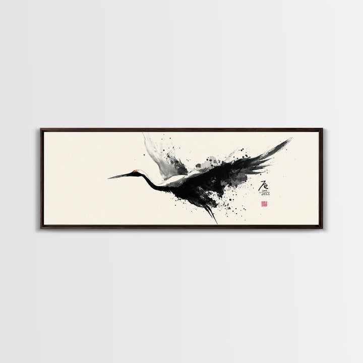 Black Ink Crane Wall Art, Japanese Brush Canvas Print, Minimalist Bird Art, Black And White Art, Zen Wall Decor, Asian Inspired Art