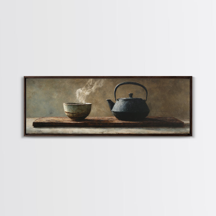 Wabi Sabi Tea Bowl And Cast Iron Teapot Wall Art, Zen Kitchen Still Life, Japanese Minimalist Decor, Framed Canvas Print