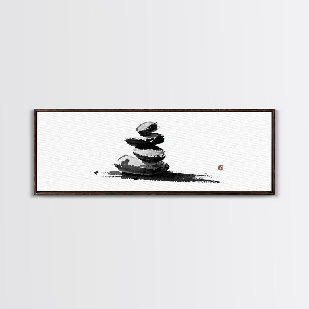 Stacked Zen Stones Canvas Print, Minimalist Wall Art, Sumi Ink Painting, Spa Decor, Meditation Room, Neutral Home Decor Art