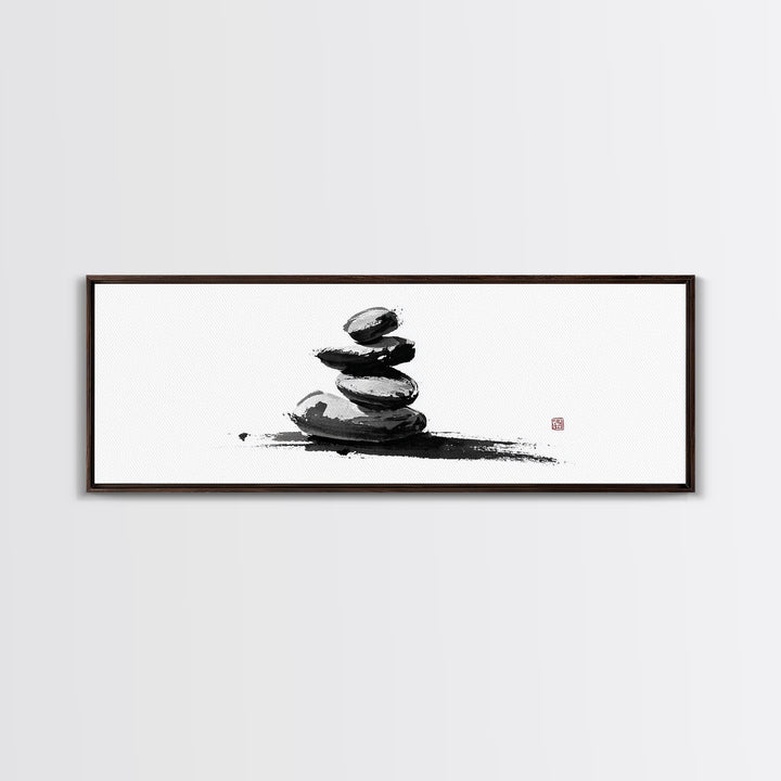 Stacked Zen Stones Canvas Print, Minimalist Wall Art, Sumi Ink Painting, Spa Decor, Meditation Room, Neutral Home Decor Art