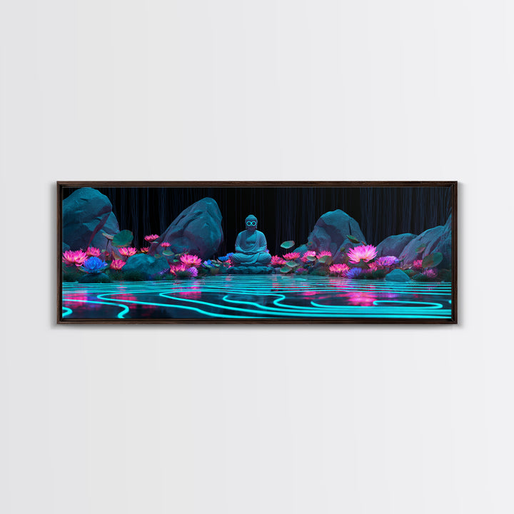 Neon Buddha Lotus Pond Wall Art, Zen Meditation Canvas, Spiritual Decor, Japandi Wall Decor, Yoga Room, Calming Art Print