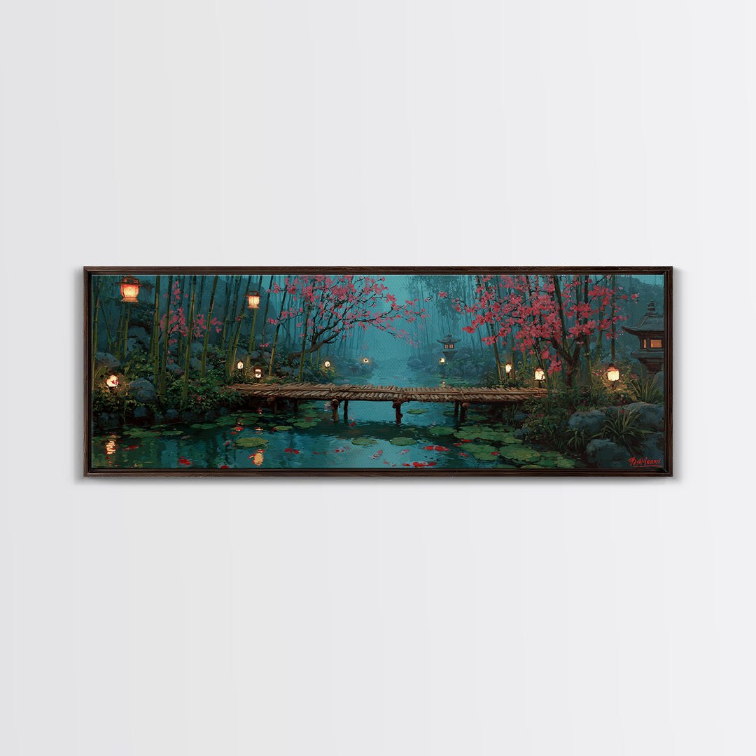 Cherry Blossom Bamboo Pond Wall Art, Japanese Lantern Bridge Canvas, Serene Zen Landscape, Japandi Living Room Decor, Calming Home Decor