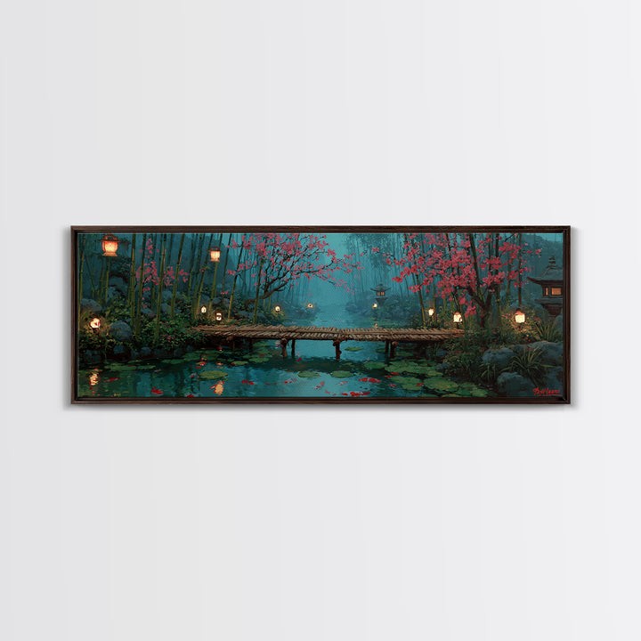 Cherry Blossom Bamboo Pond Wall Art, Japanese Lantern Bridge Canvas, Serene Zen Landscape, Japandi Living Room Decor, Calming Home Decor