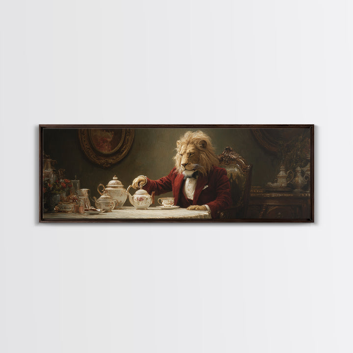 Dapper Lion Pouring Tea Framed Canvas Print, Whimsical Animal Wall Art, Victorian Decor, Dining Room Decor, Funny Gift For Cat Lovers