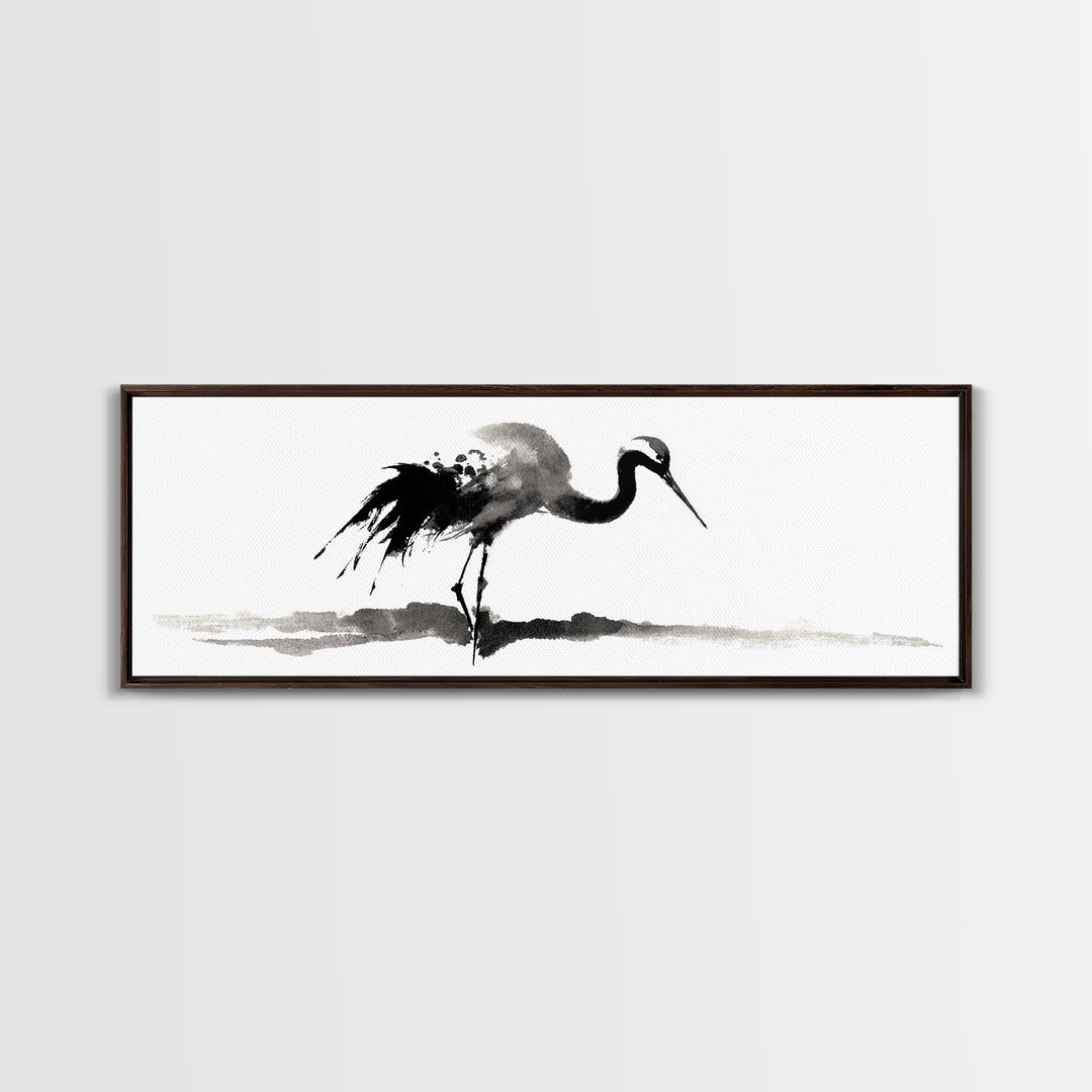 Black Ink Crane Wall Art, Minimalist Bird Painting Canvas Print, Japanese Wall Decor, Zen Home Decor, Black And White Art