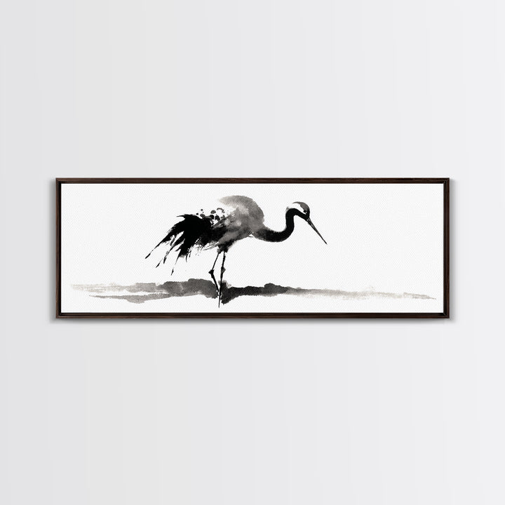 Black Ink Crane Wall Art, Minimalist Bird Painting Canvas Print, Japanese Wall Decor, Zen Home Decor, Black And White Art