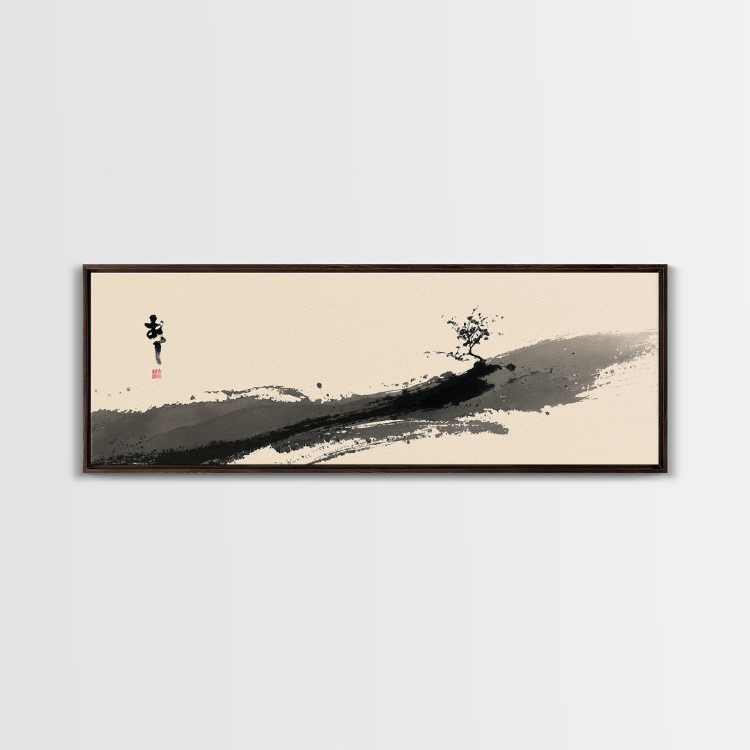 Minimal Ink Tree Canvas Print, Japanese Calligraphy Landscape Wall Art, Zen Brush Painting, Neutral Japandi Home Decor Print