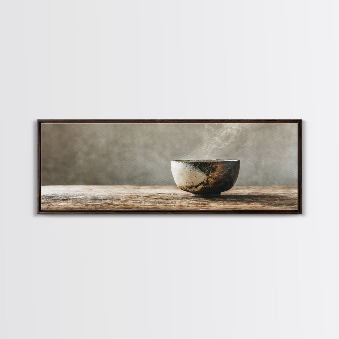 Steaming Wabi Sabi Ceramic Bowl Wall Art, Neutral Kitchen Canvas Print, Japandi Dining Room Decor, Minimalist Zen Fine Art Print