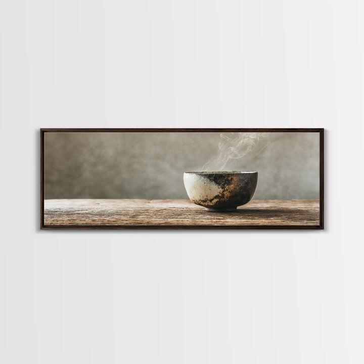 Steaming Wabi Sabi Ceramic Bowl Wall Art, Neutral Kitchen Canvas Print, Japandi Dining Room Decor, Minimalist Zen Fine Art Print
