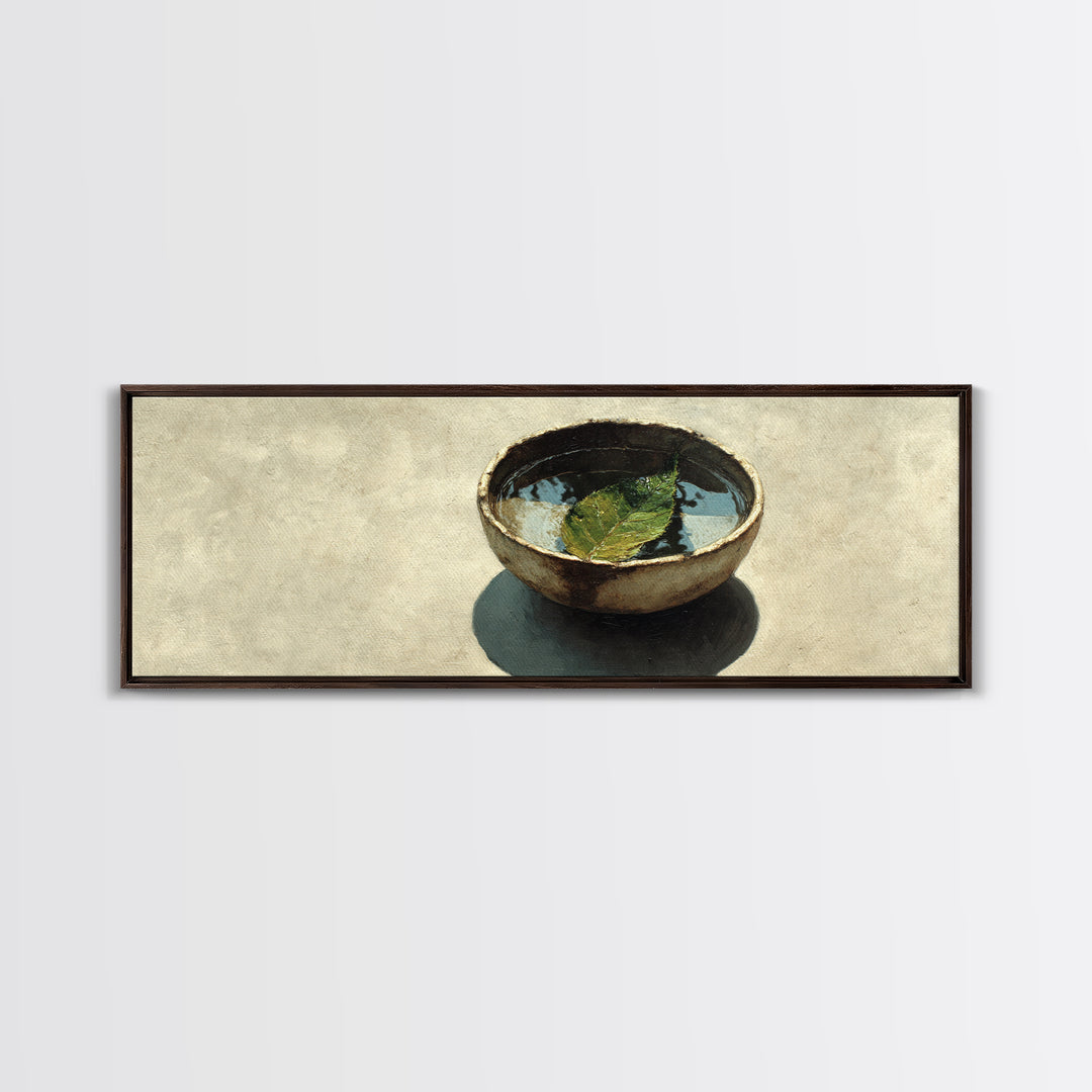 Rustic Bowl With Floating Leaf Canvas Print, Wabi Sabi Wall Art, Minimalist Still Life, Japandi Zen Home Decor, Neutral Kitchen Art Print