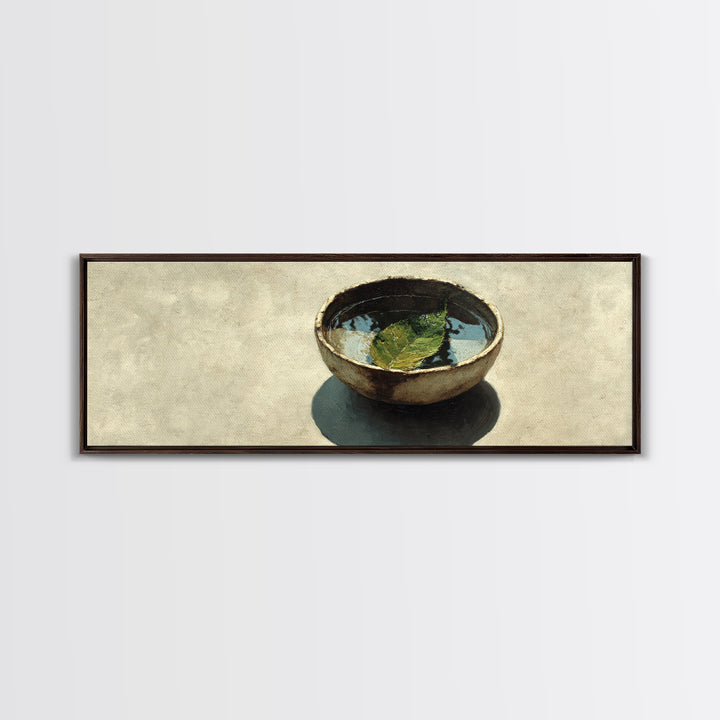 Rustic Bowl With Floating Leaf Canvas Print, Wabi Sabi Wall Art, Minimalist Still Life, Japandi Zen Home Decor, Neutral Kitchen Art Print