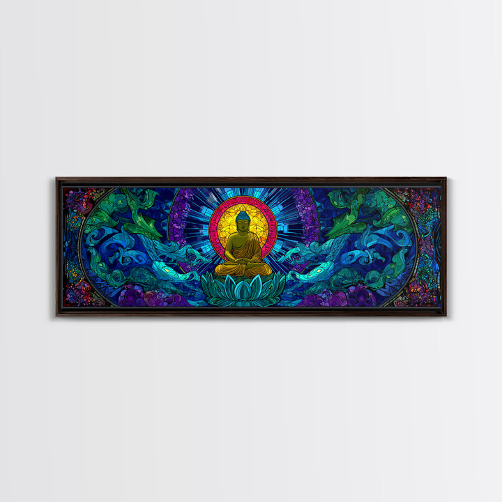 Stained Glass Buddha Ocean Wave Wall Art, Lotus Meditation Canvas Print, Colorful Zen Spiritual Yoga Room Home Decor Gift