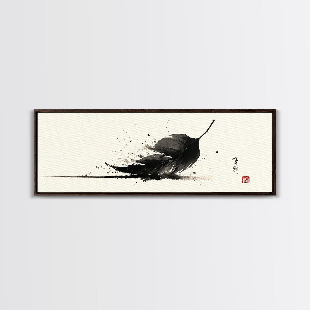 Black Ink Feather Japanese Sumi Wall Art, Minimalist Black And White Art Print, Zen Nature Decor For Office Or Bedroom Wall Decor