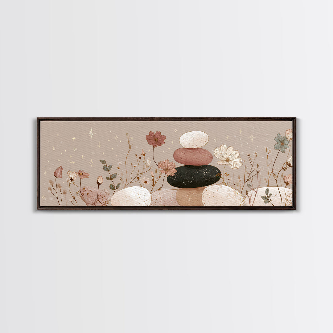 Stacked Zen Stones And Wildflowers Wall Art, Neutral Spa Canvas Print, Mindfulness Decor, Calming Boho Bathroom Art Gift