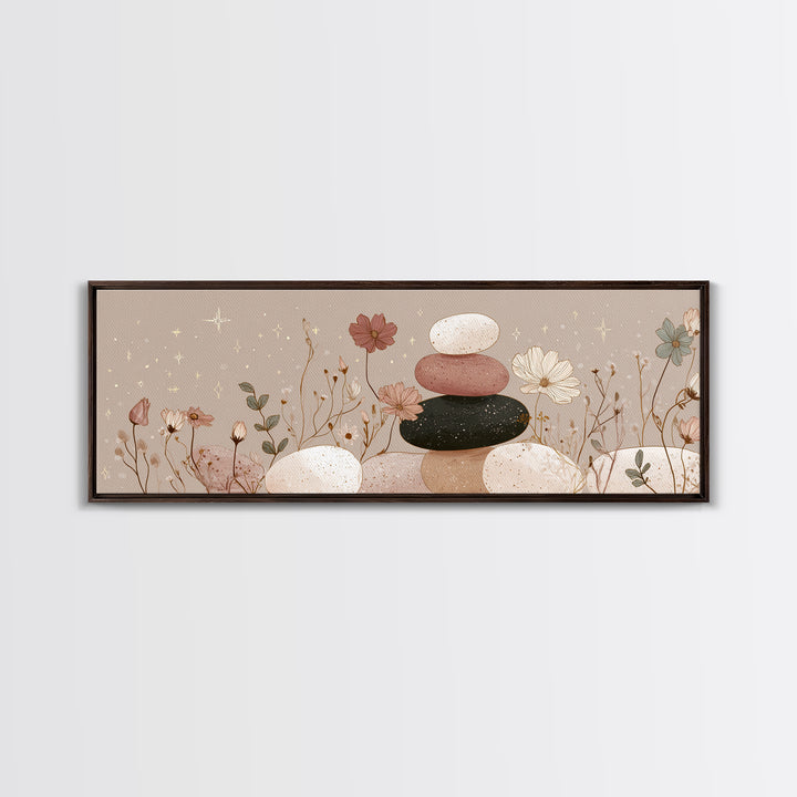 Stacked Zen Stones And Wildflowers Wall Art, Neutral Spa Canvas Print, Mindfulness Decor, Calming Boho Bathroom Art Gift