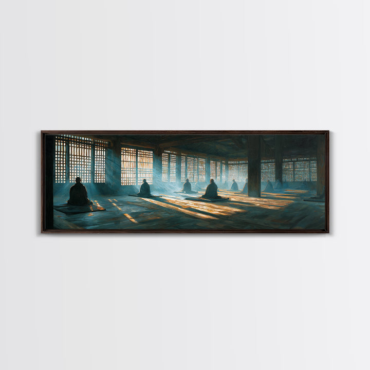 Meditation Hall With Monks And Sunbeams Wall Art, Zen Framed Canvas Print, Spiritual Decor, Yoga Studio, Prayer Room Art