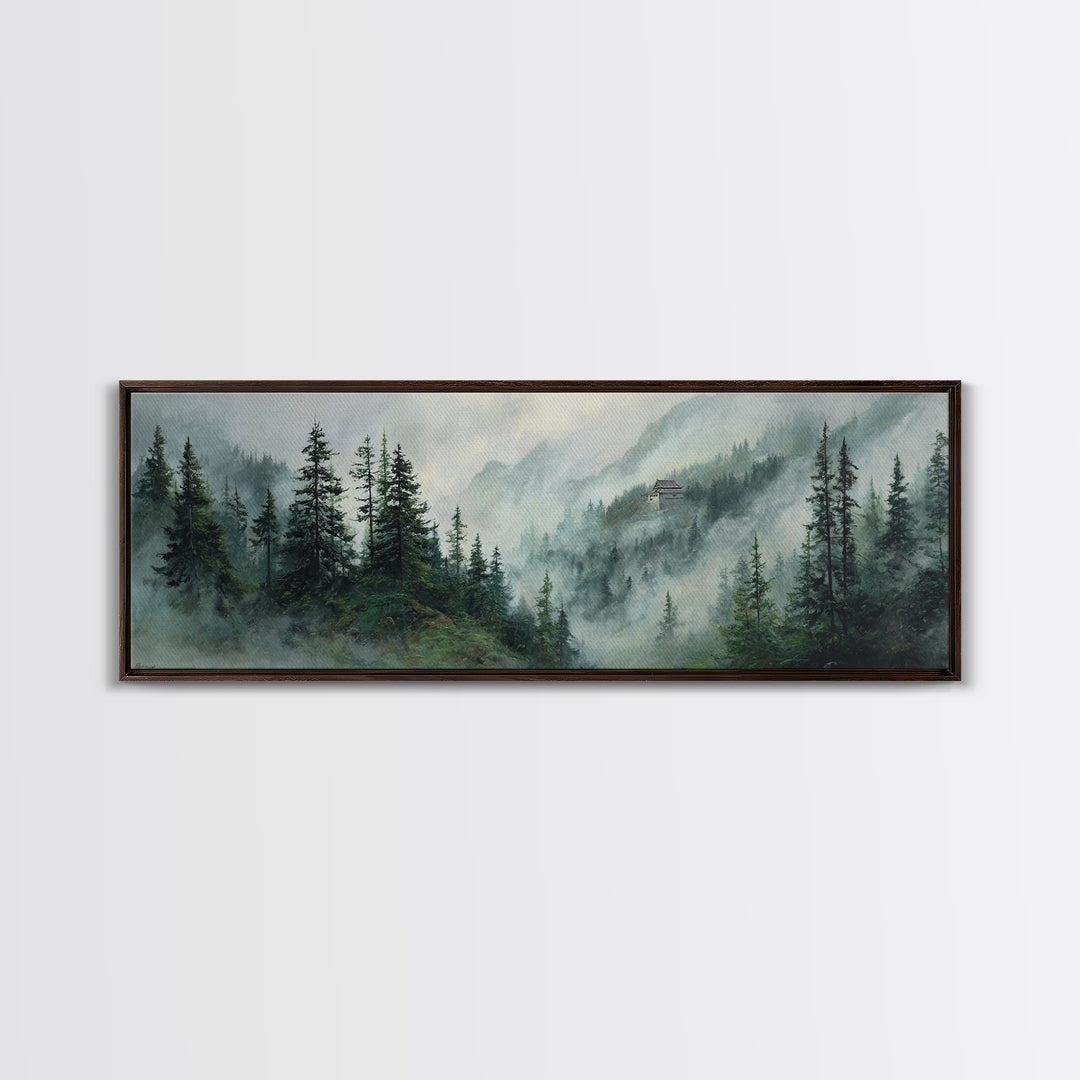 Misty Pine Mountain Temple Wall Art, Foggy Evergreen Forest Landscape, Japandi Nature Decor, Long Horizontal Canvas Print