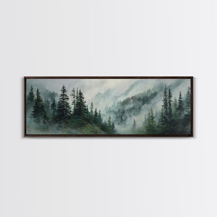 Misty Pine Mountain Temple Wall Art, Foggy Evergreen Forest Landscape, Japandi Nature Decor, Long Horizontal Canvas Print