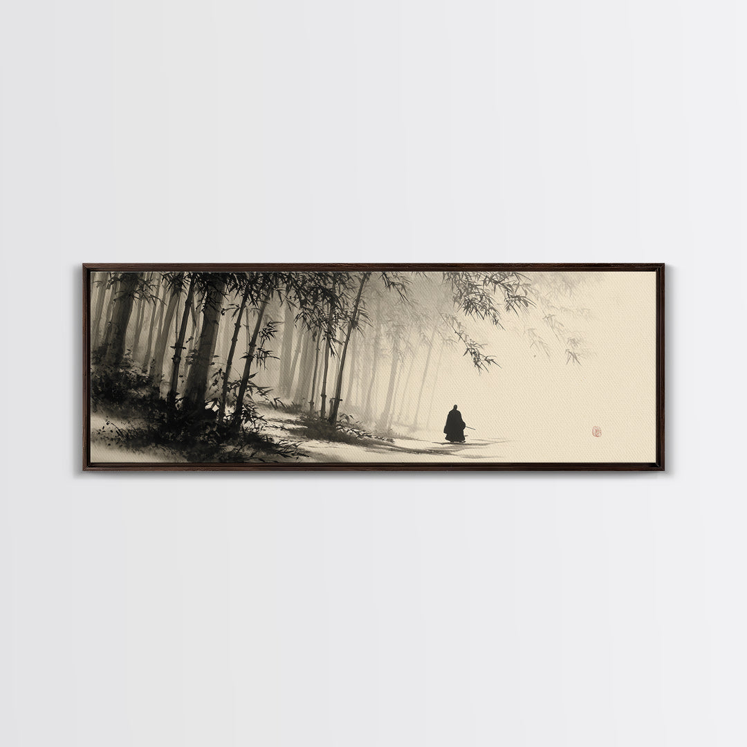 Misty Bamboo Forest Monk In Ink Wash Framed Canvas Print, Japanese Wall Art, Zen Meditation Decor, Japandi Home Decor, Calming Wall Decor