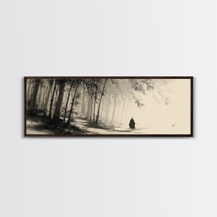 Misty Bamboo Forest Monk In Ink Wash Framed Canvas Print, Japanese Wall Art, Zen Meditation Decor, Japandi Home Decor, Calming Wall Decor