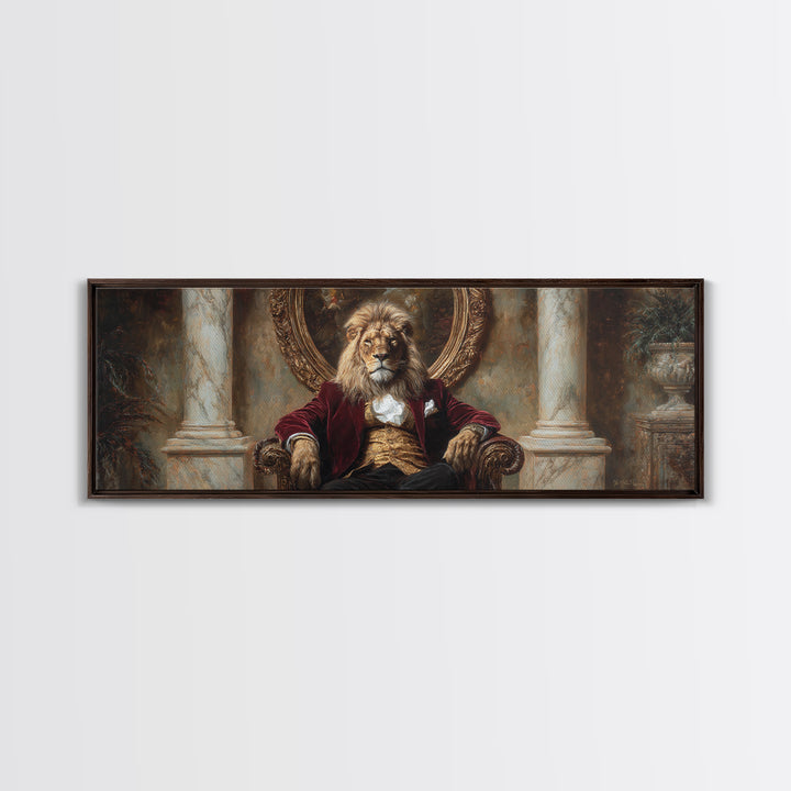 Velvet Throne Lion King Framed Canvas Print, Royal Animal Portrait, Bold Baroque Wall Decor, Luxury Office Art, Gift For Him