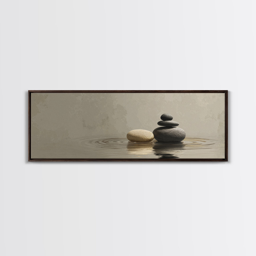 Zen Stacked Stones Framed Canvas Print, Neutral Water Reflection, Minimalist Spa Wall Art, Calm Japandi Meditation Room Home Decor