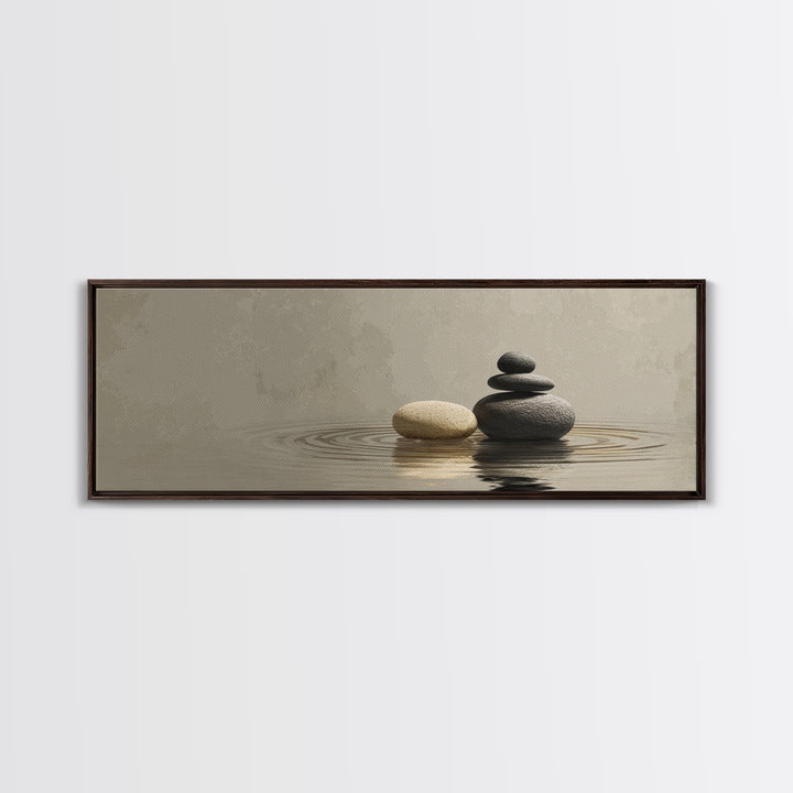 Zen Stacked Stones Framed Canvas Print, Neutral Water Reflection, Minimalist Spa Wall Art, Calm Japandi Meditation Room Home Decor