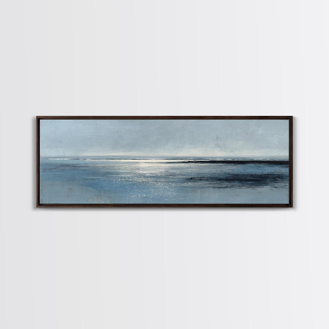 Misty Blue Ocean Horizon Wall Art, Coastal Seascape Canvas Print, Minimalist Beach Decor, Large Horizontal Living Room Art Print