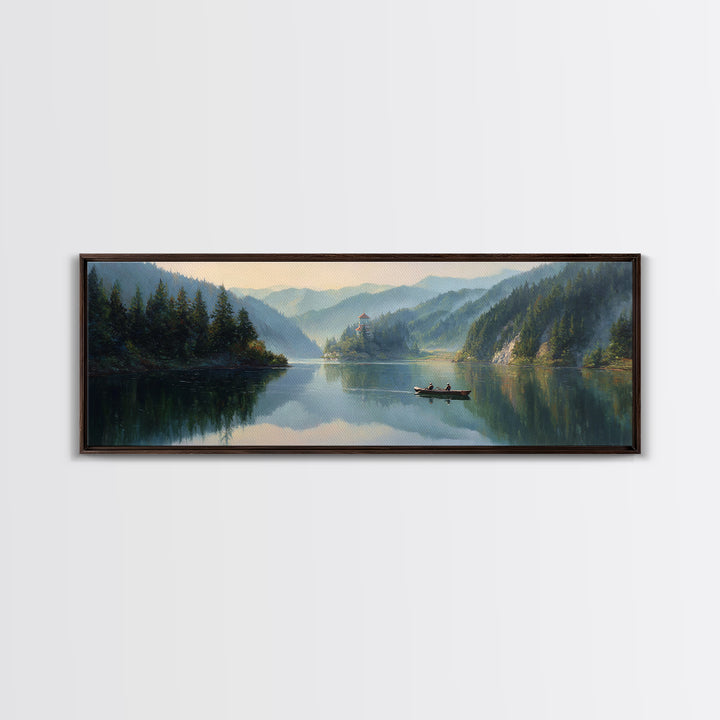 Misty Mountain Lake Boat Wall Art, Serene Landscape Canvas Print, Cabin Decor, Nature Painting, Large Living Room Decor, Housewarming Gift
