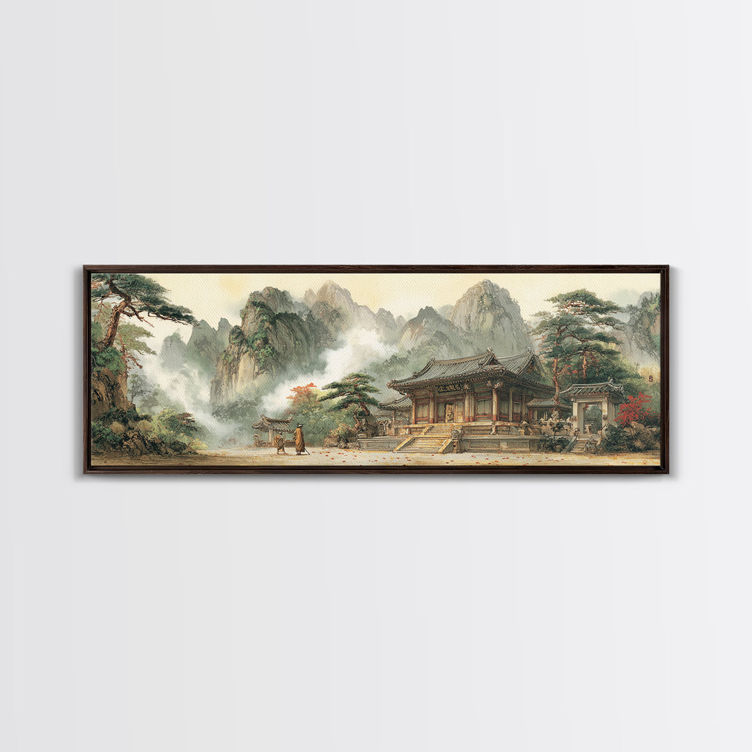 Korean Mountain Temple Wall Art, Asian Landscape Canvas Print, Zen Wall Decor, Traditional Home Art, Fine Art Print, Meditation Room Art