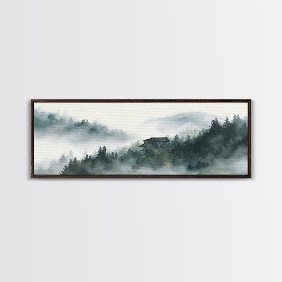 Misty Forest Cabin In Mountain Fog Wall Art, Japandi Landscape Print, Calming Nature Decor, Neutral Home Decor For Living Room