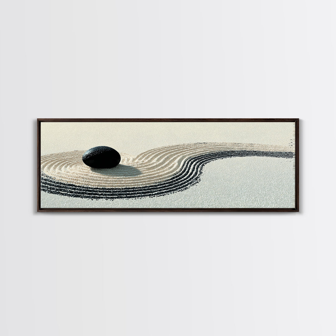 Black Stone Zen Garden Wall Art, Minimalist Sand Ripple Canvas Print, Japandi Spa Decor, Neutral Meditation Room Poster Print