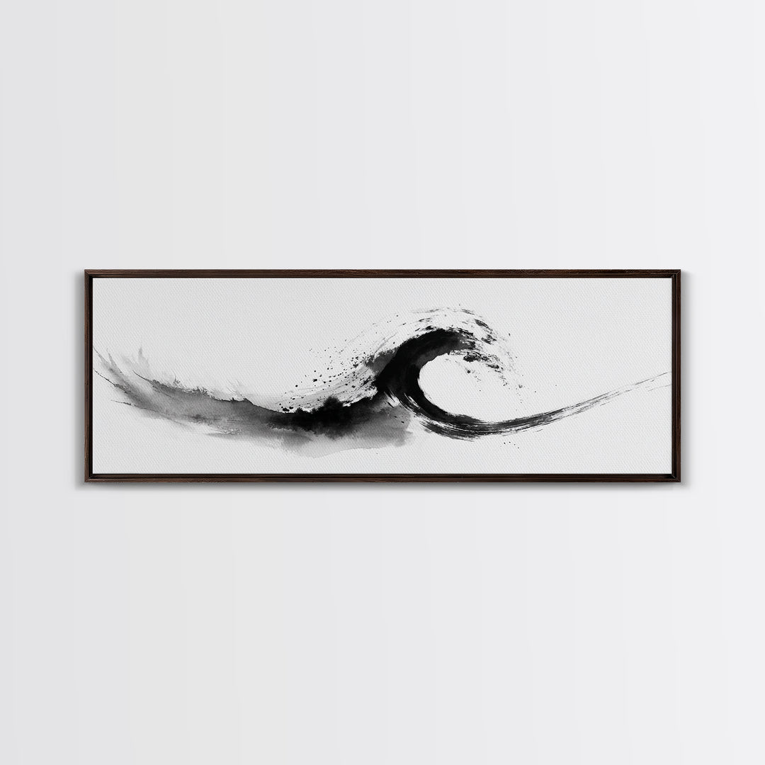 Black Ink Wave Minimalist Seascape Wall Art, Japanese Sumi Ocean Print, Coastal Zen Decor, Modern Black And White Art, Long Horizontal Art