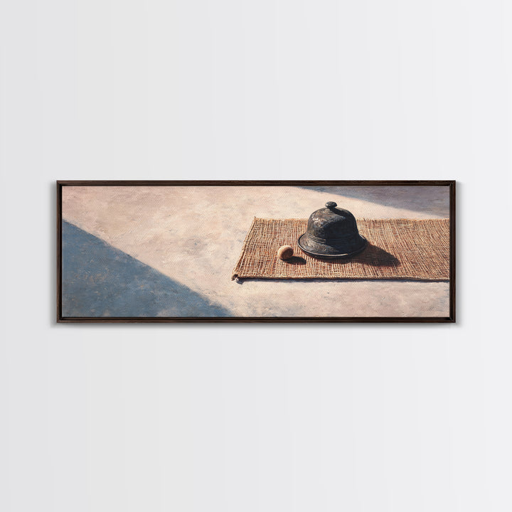 Sunlit Cloche On Woven Mat Canvas Print, Minimalist Still Life Wall Art, Rustic Kitchen Decor, Neutral Modern Home Decor