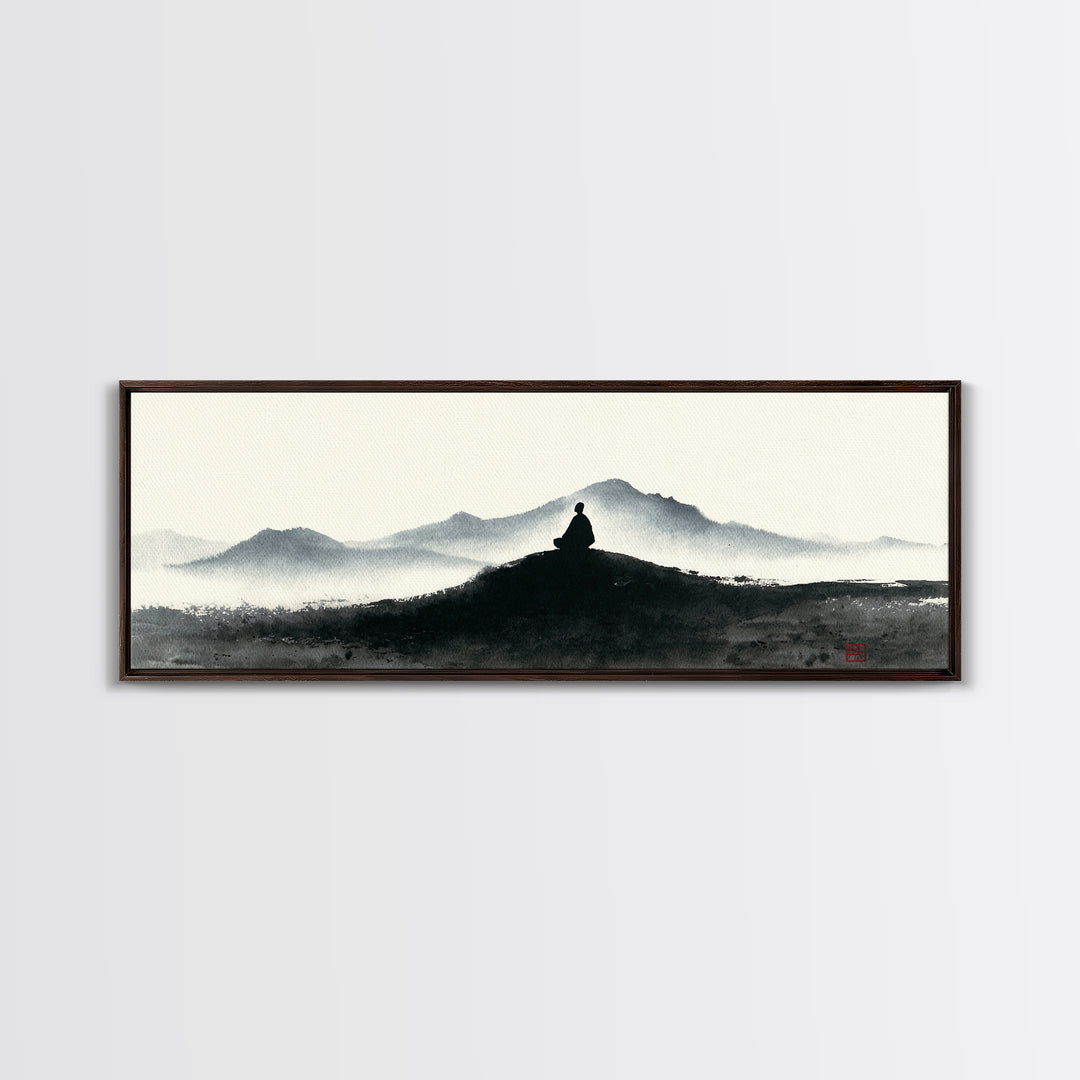 Minimalist Monk Mountain Wall Art, Japanese Ink Wash Landscape, Zen Meditation Decor, Black And White Framed Canvas Print