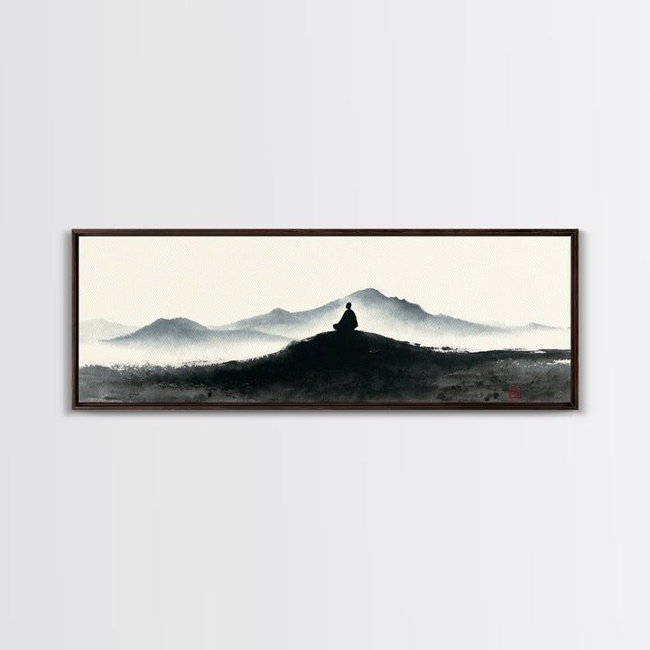 Minimalist Monk Mountain Wall Art, Japanese Ink Wash Landscape, Zen Meditation Decor, Black And White Framed Canvas Print