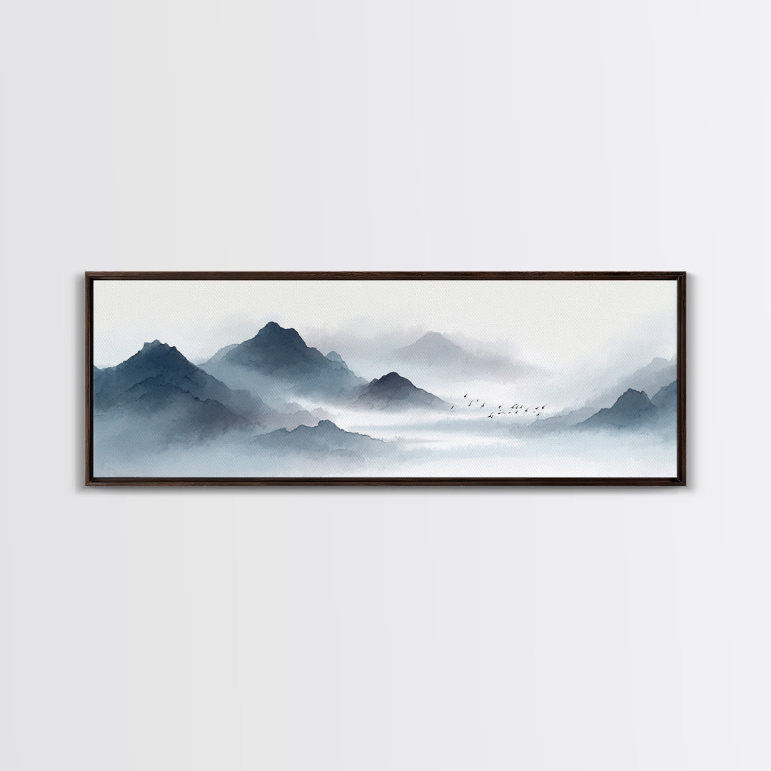 Misty Ink Mountain Landscape Canvas Print, Minimalist Japanese Wall Art, Black And White Zen Decor, Calming Office Art Print