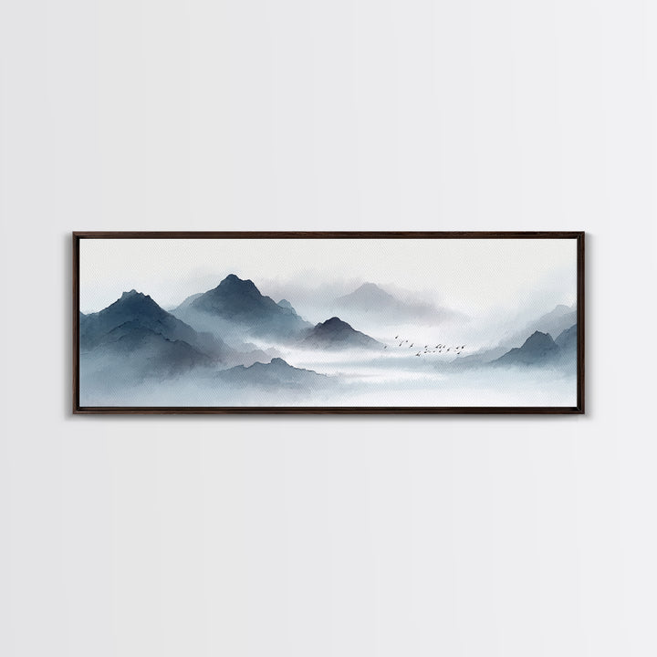 Misty Ink Mountain Landscape Canvas Print, Minimalist Japanese Wall Art, Black And White Zen Decor, Calming Office Art Print