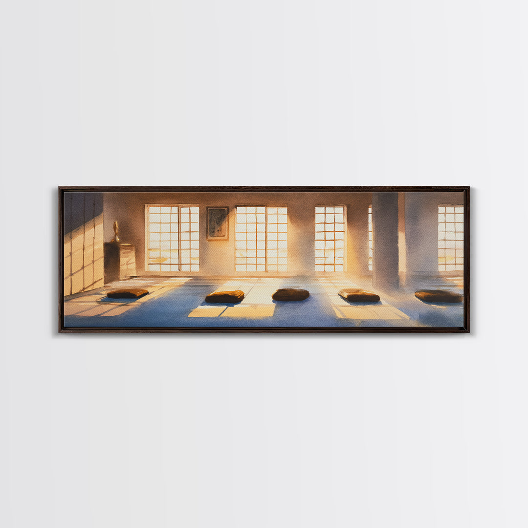 Sunlit Meditation Room With Floor Cushions Canvas Print, Zen Wall Art, Yoga Studio Decor, Calm Minimalist Spa Home Decor