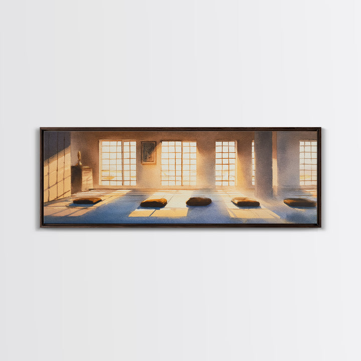 Sunlit Meditation Room With Floor Cushions Canvas Print, Zen Wall Art, Yoga Studio Decor, Calm Minimalist Spa Home Decor