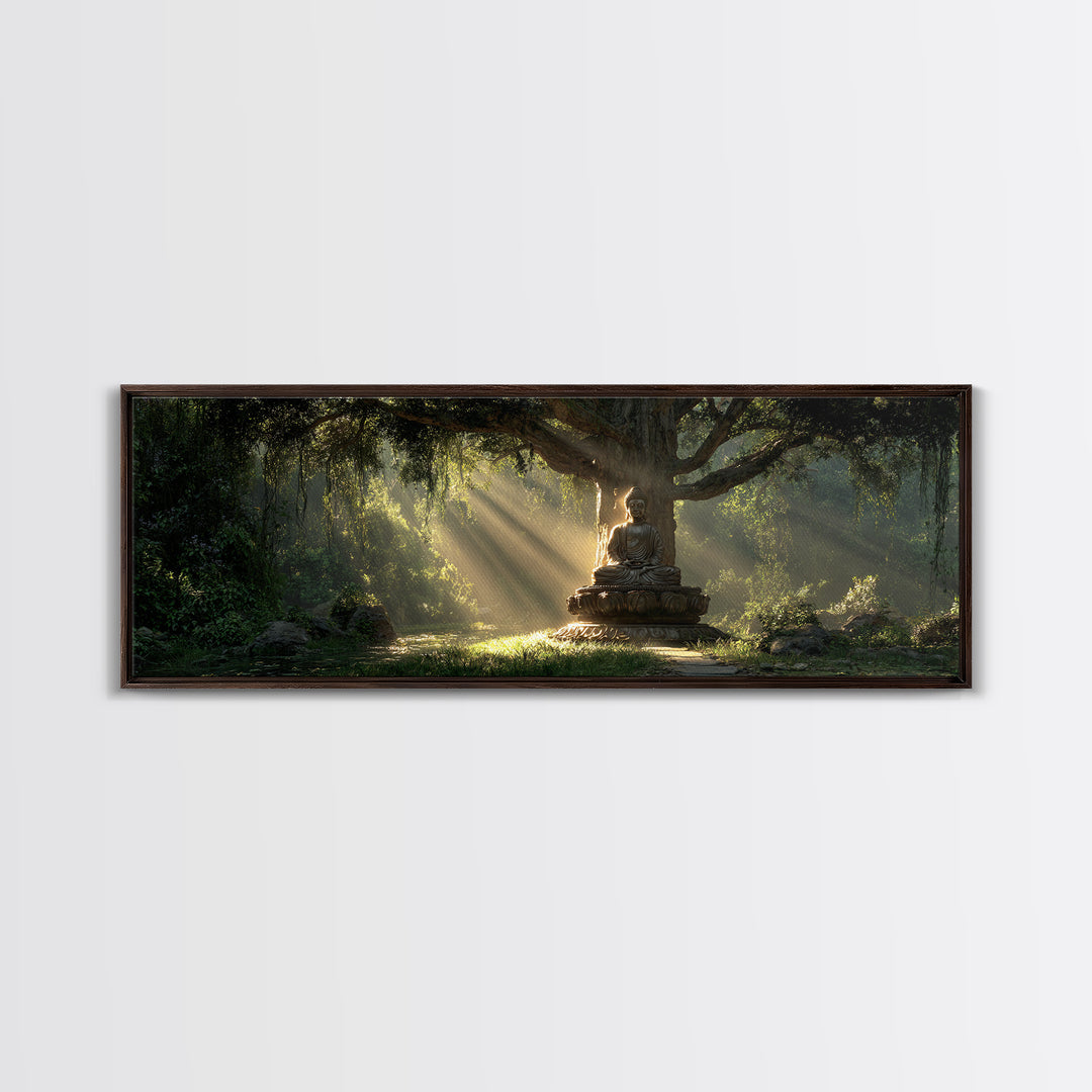 Buddha Statue In Sunlit Forest Wall Art, Zen Meditation Canvas Print, Spiritual Home Decor, Calming Nature Artwork Gift Idea