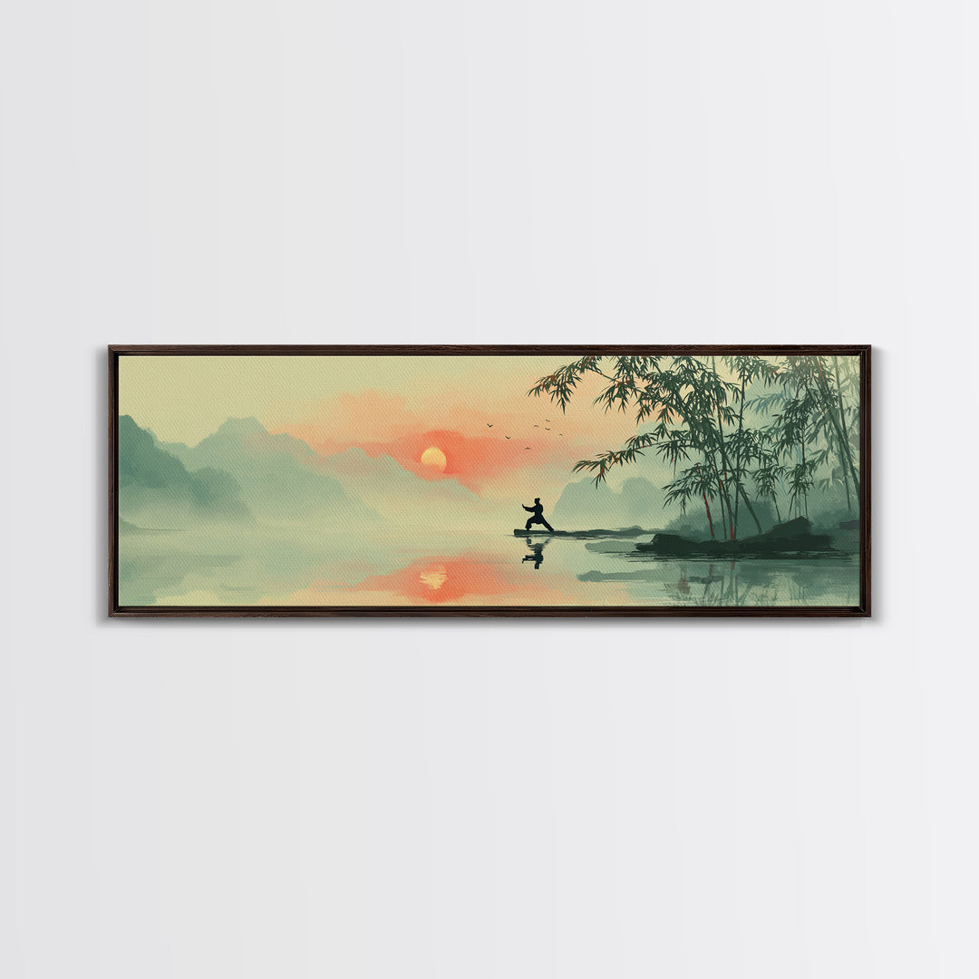 Misty Asian Lake Fisherman Wall Art, Zen Sunrise Landscape Canvas Print, Japanese Bamboo Decor, Peaceful Meditation Room Art