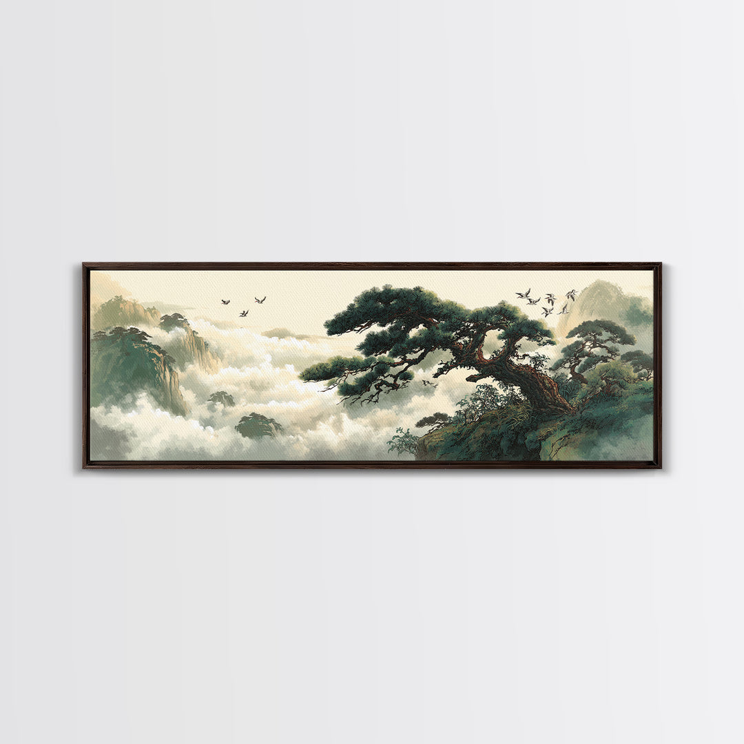 Misty Pine Mountain Landscape Wall Art, Asian Zen Framed Canvas Print, Japandi Nature Decor For Living Room And Office Home Decor
