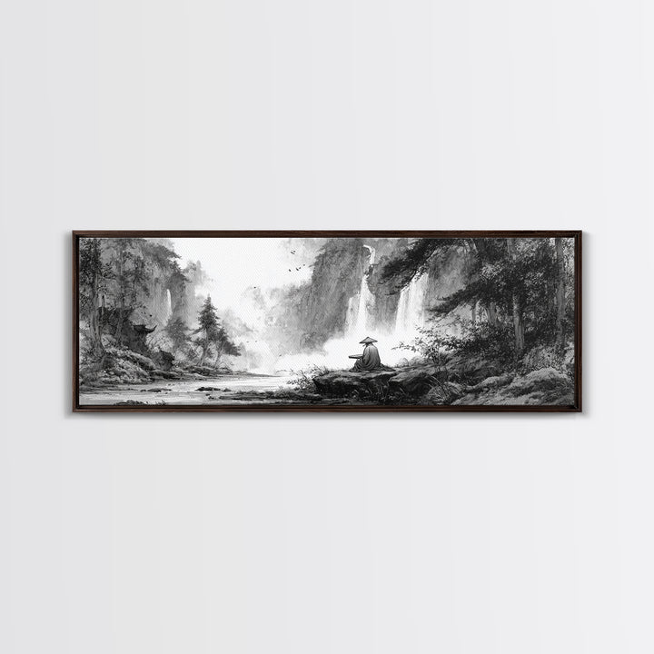 Black And White Waterfall Monk Wall Art, Japanese Landscape Print, Zen Meditation Decor, Nature Art For Office Or Living Room