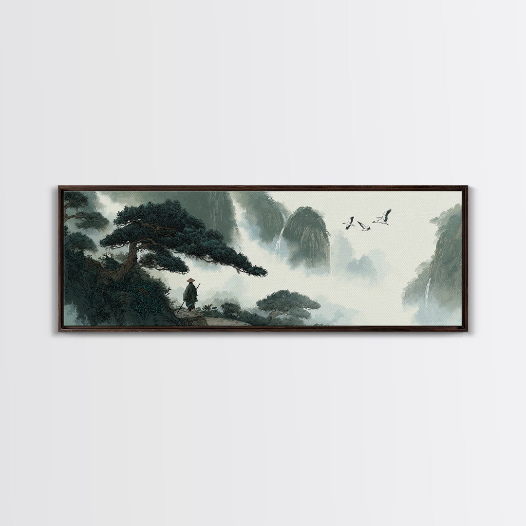 Misty Mountain Pine Landscape Wall Art, Japanese Ink Style Canvas, Zen Nature Print, Panoramic Living Room Decor, Calming Office Decor