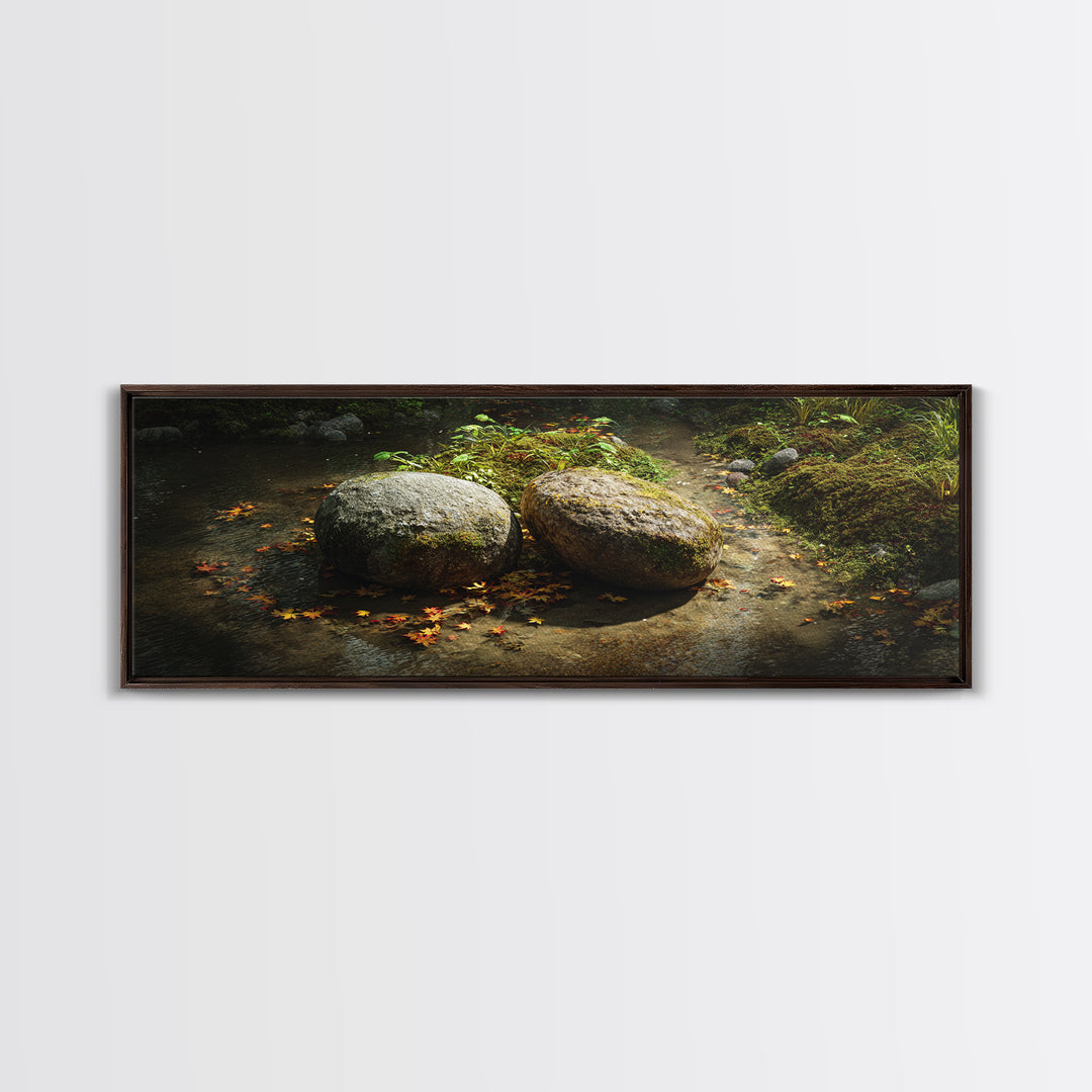 Mossy Stream Stones Nature Wall Art, Framed Canvas Print, Zen Spa Decor, Calming Landscape Art For Living Room And Office