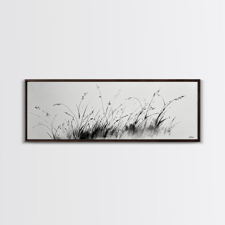 Minimalist Grass Ink Wall Art, Black And White Botanical Canvas Print, Japandi Decor, Neutral Wall Decor, Above Bed Art Print