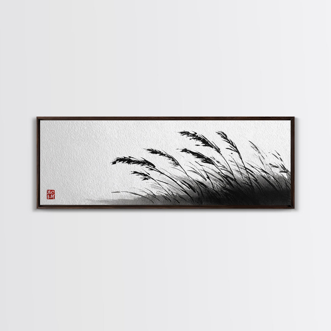 Minimal Ink Grass Reeds Canvas Print, Black And White Japandi Nature Wall Art For Calm Bedroom Decor And Zen Home Decor Print